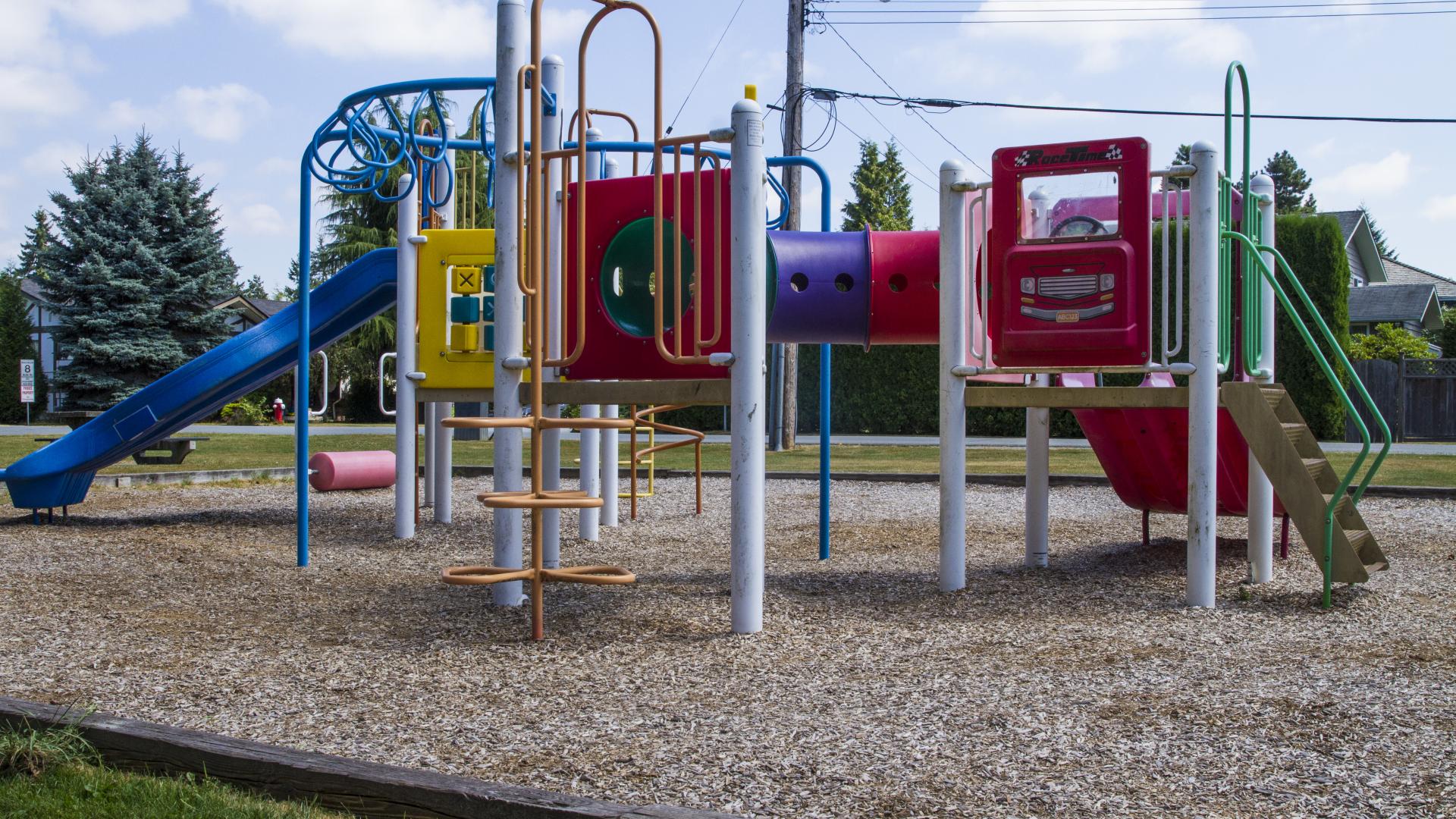 A multicoloured playground - theres a blue slide on one side and a red on the other, with a purple tube connecting the halves.